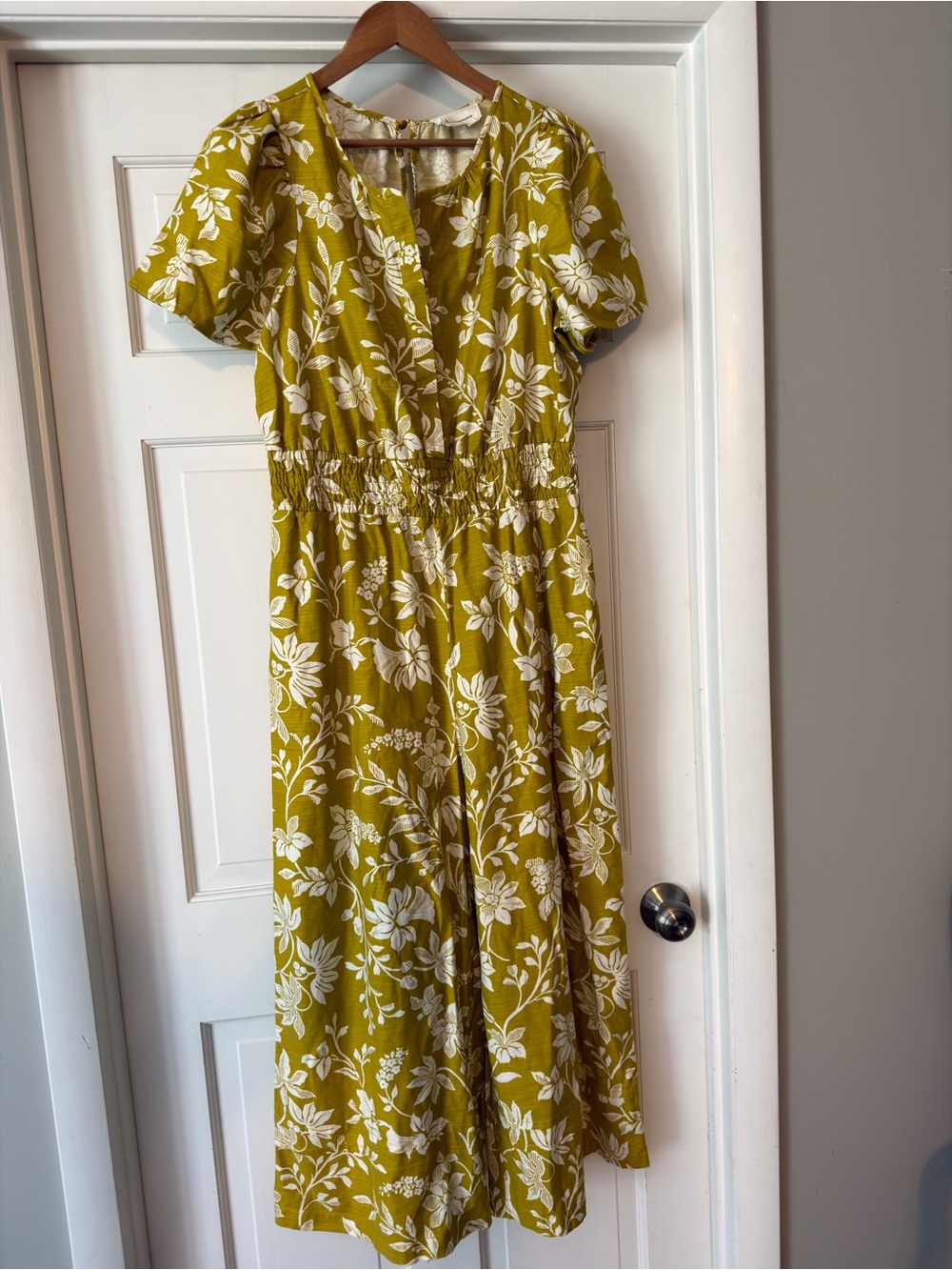 Anthropology floral wide leg jumpsuit with smocked waist